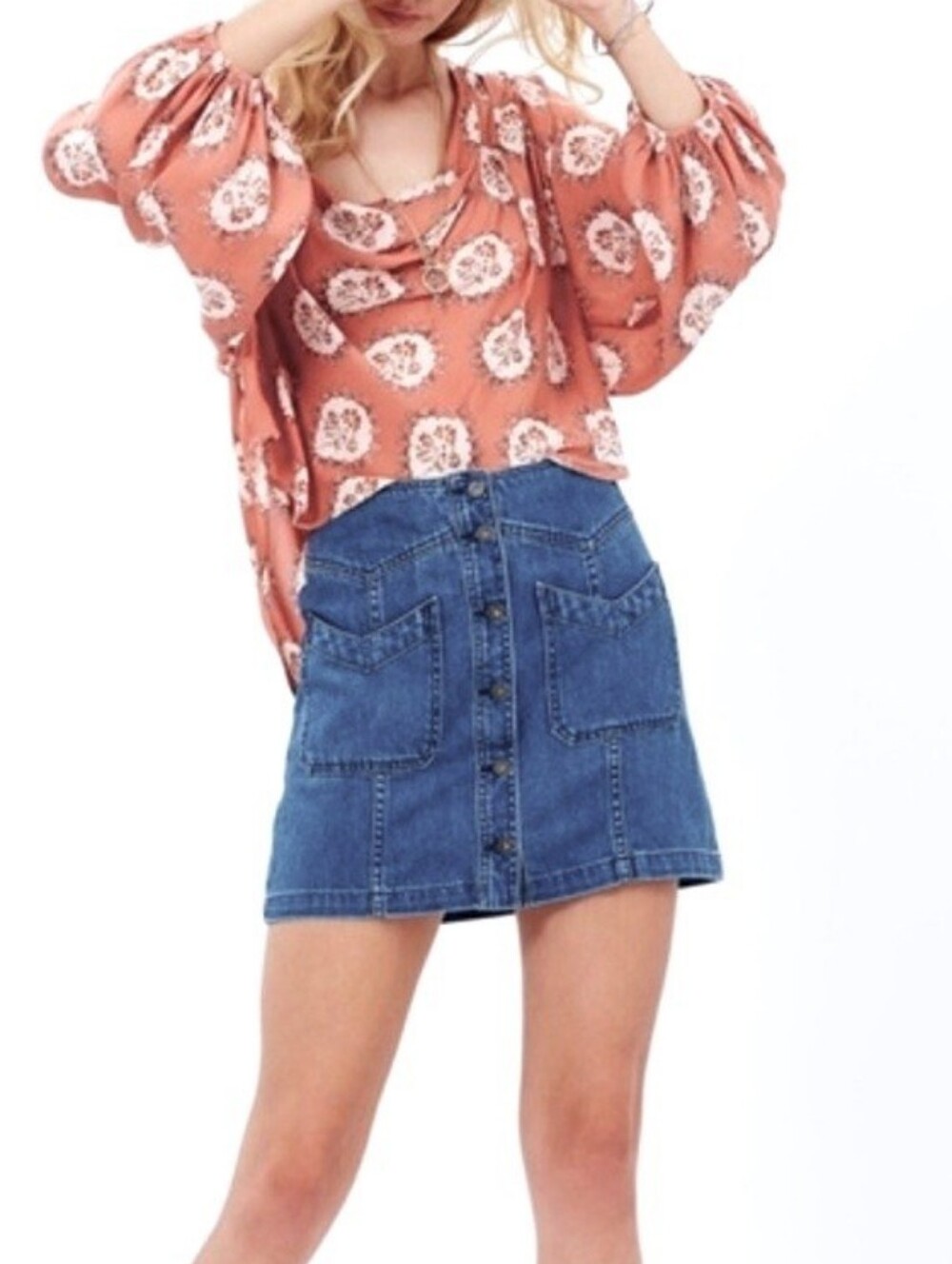 Free People Come a Little Closer Denim Jean Button Front Mini Skirt Size 2 - Picture 13 of 13